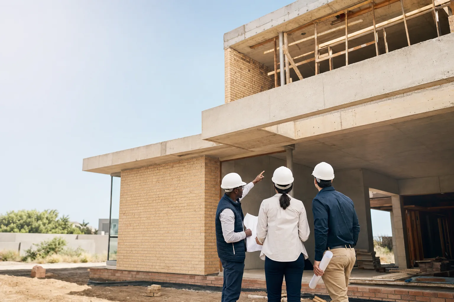 Construction team reviewing a residential build